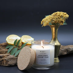 PeripetiHome Bergamot Cedar Oak candle packaging protects the jar during shipping