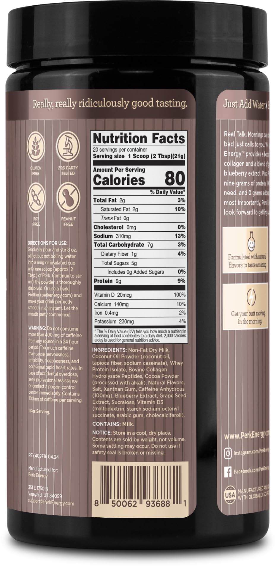 Perk Energy Drink Mix allergen-free label highlights gluten-free soy-free peanut-free