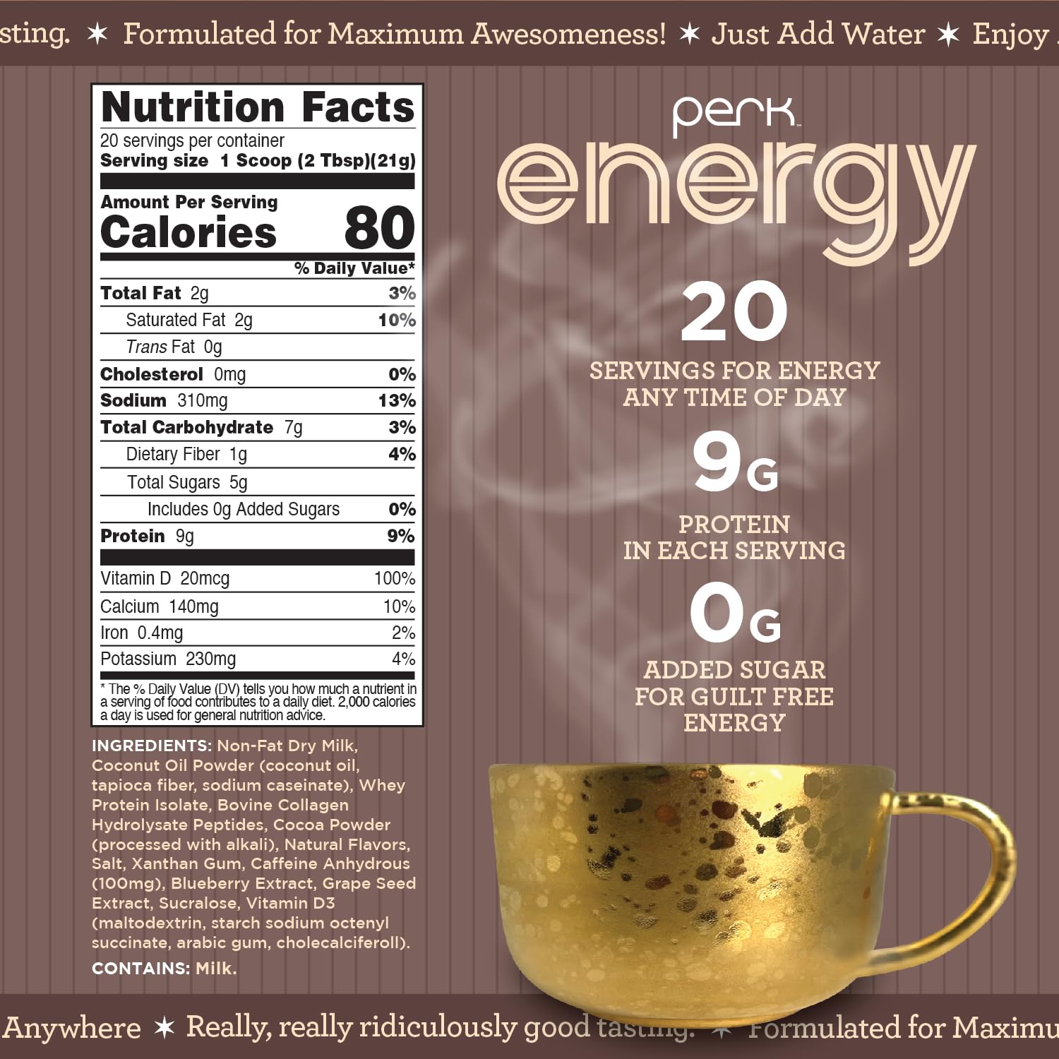 Perk Energy Drink Mix serving scoop in cup ready to mix protein