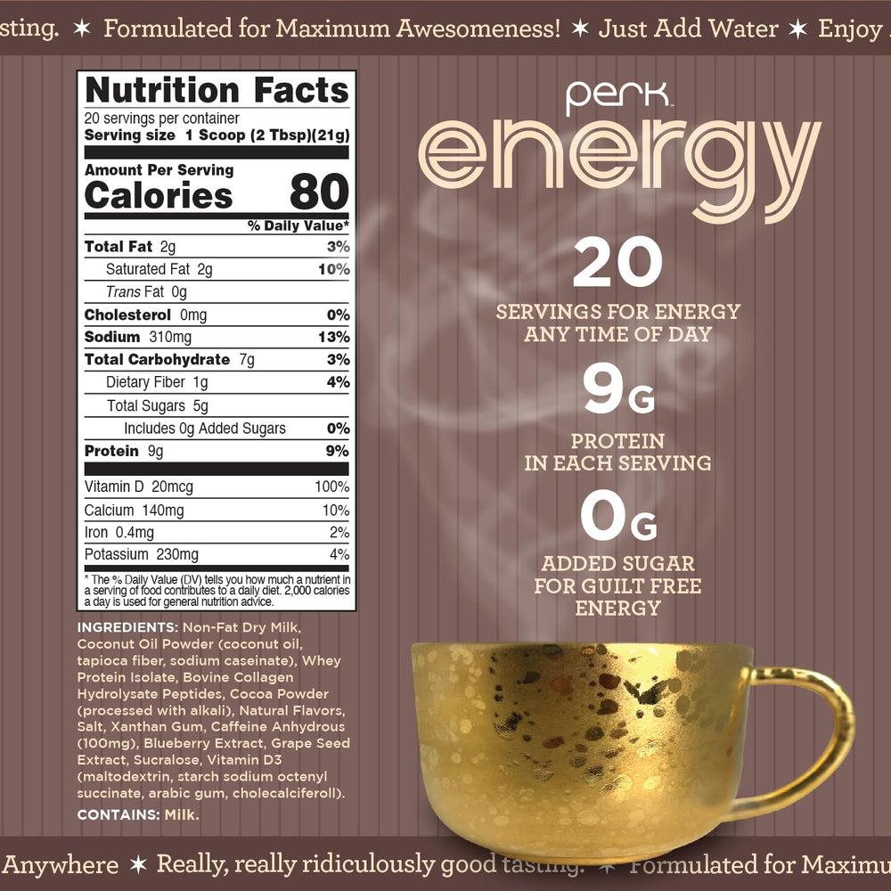 Perk Energy Drink Mix serving scoop in cup ready to mix protein