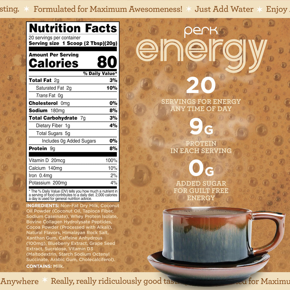 Perk Energy Tan Mocha Latte in glass shows creamy texture and aroma.
