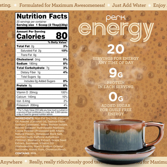 Perk Energy Tan Mocha Latte in glass shows creamy texture and aroma.