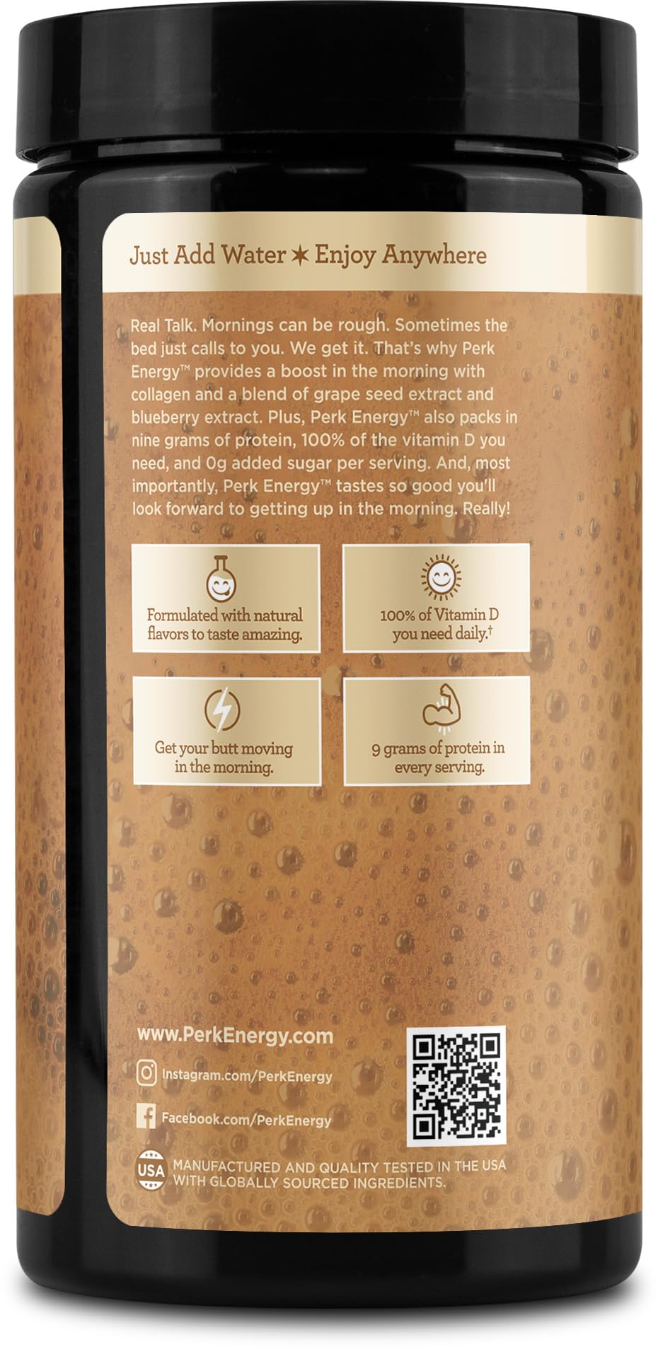 Perk Energy Tan Mocha Latte nutrition panel highlighting protein and caffeine.