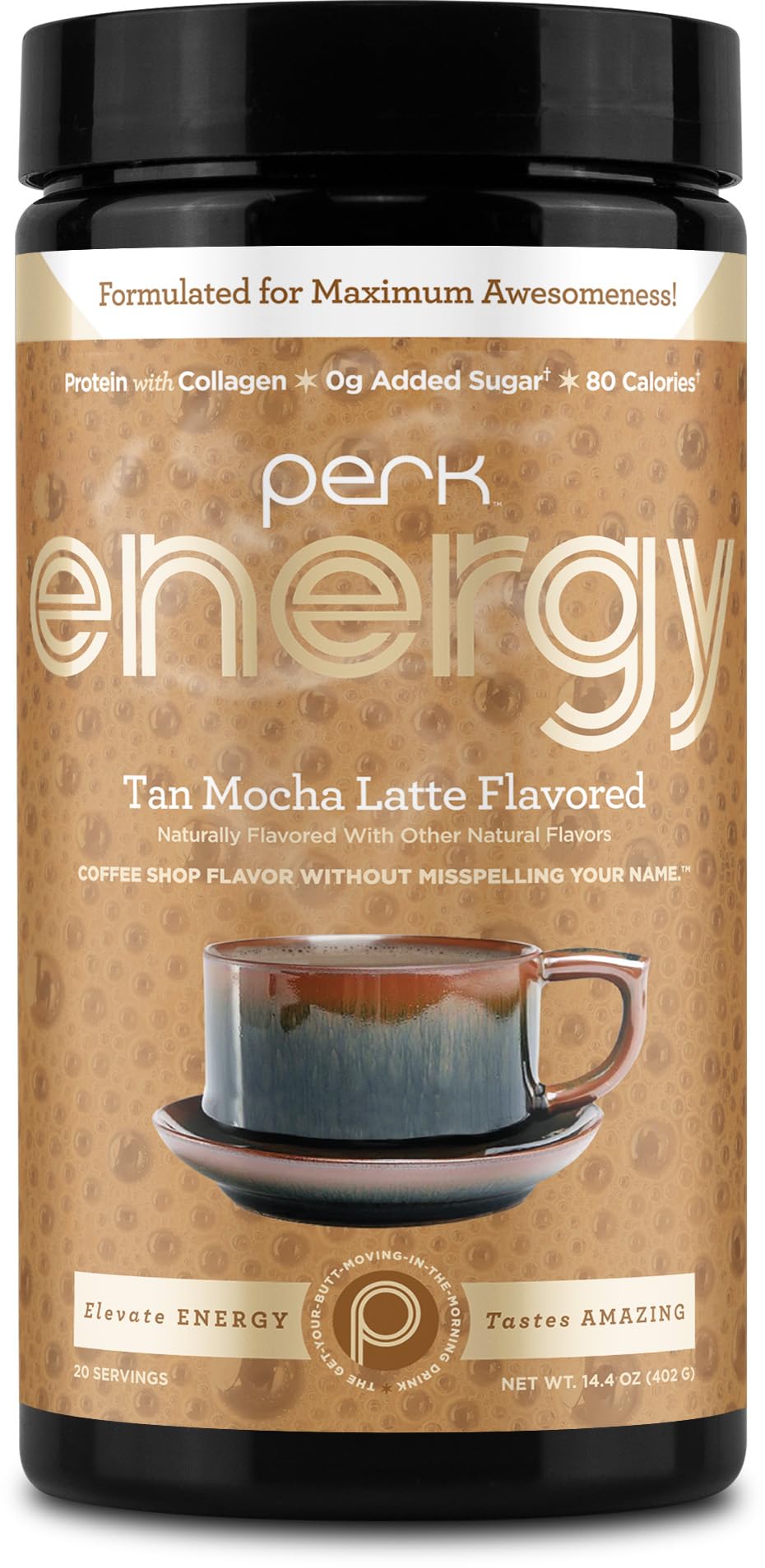 Perk Energy Tan Mocha Latte packaging shows gluten-free, peanut-free drink mix.