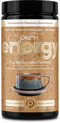 Perk Energy Tan Mocha Latte packaging shows gluten-free, peanut-free drink mix.