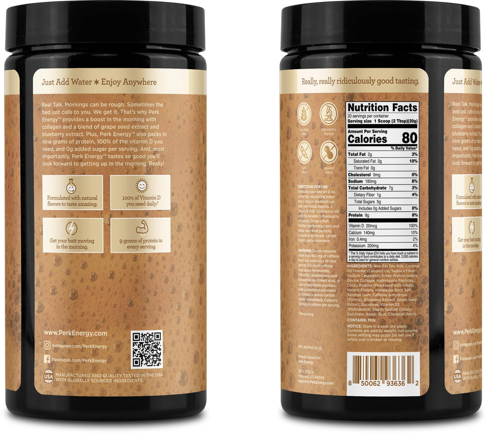 Perk Energy Tan Mocha Latte served in a mug with foam.