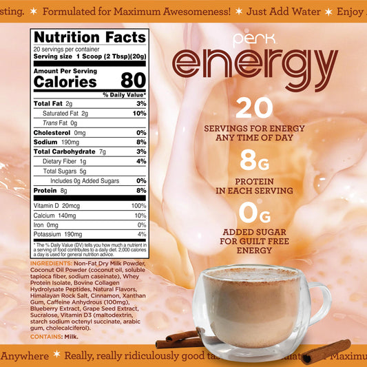 Perk Energy Horchata pour: ready-to-drink energy with protein boost
