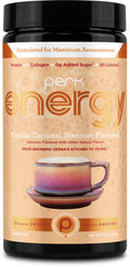 Perk Energy Vanilla Caramel Steamer cup splash showing creamy, protein-rich beverage.