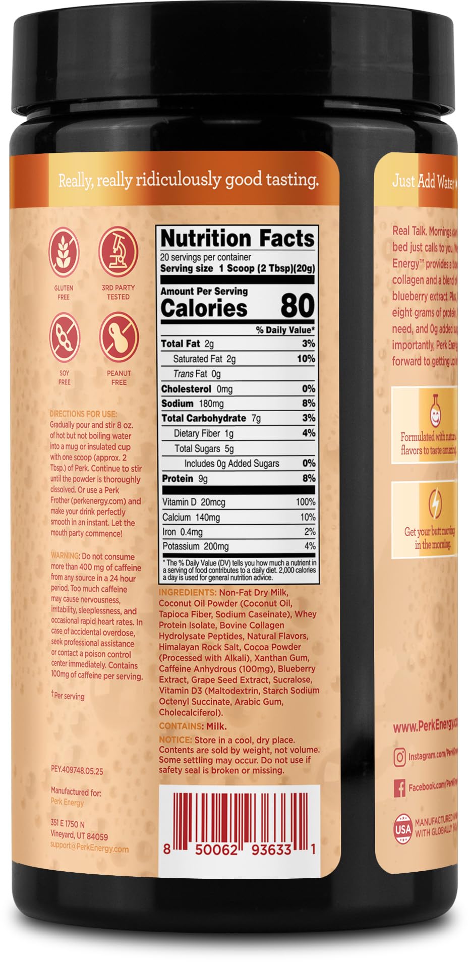 Perk Energy Vanilla Caramel Steamer label close-up showing gluten-free, peanut-free formula.