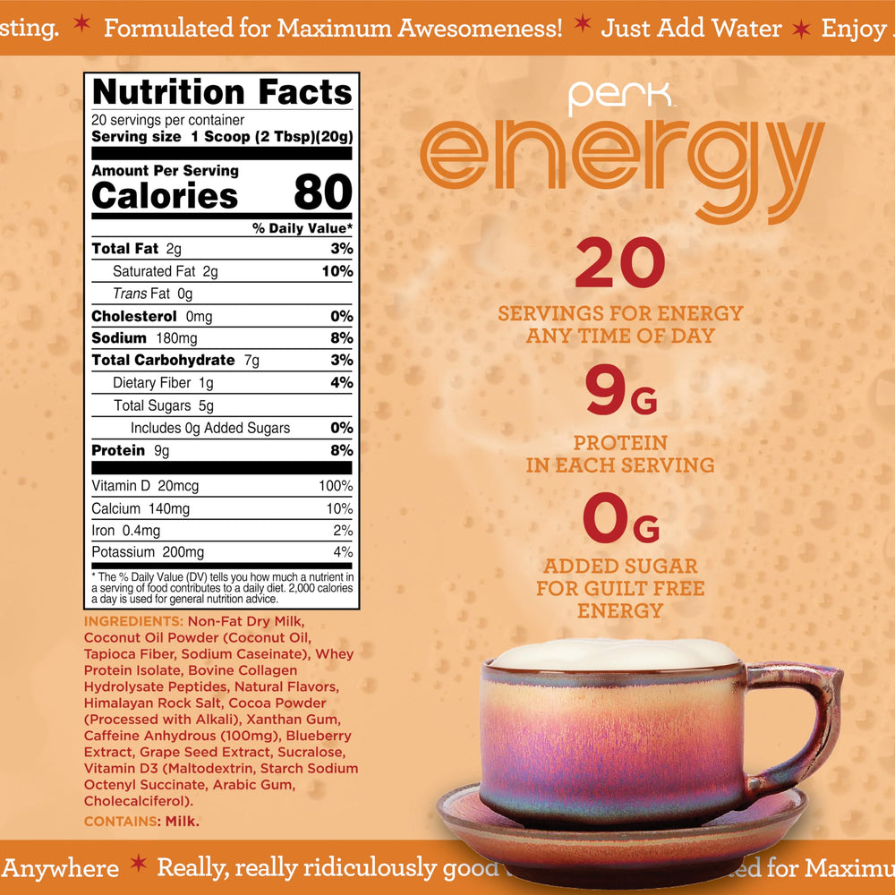 Perk Energy Vanilla Caramel Steamer pour highlighting caffeine boost.
