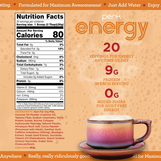 Perk Energy Vanilla Caramel Steamer pour highlighting caffeine boost.