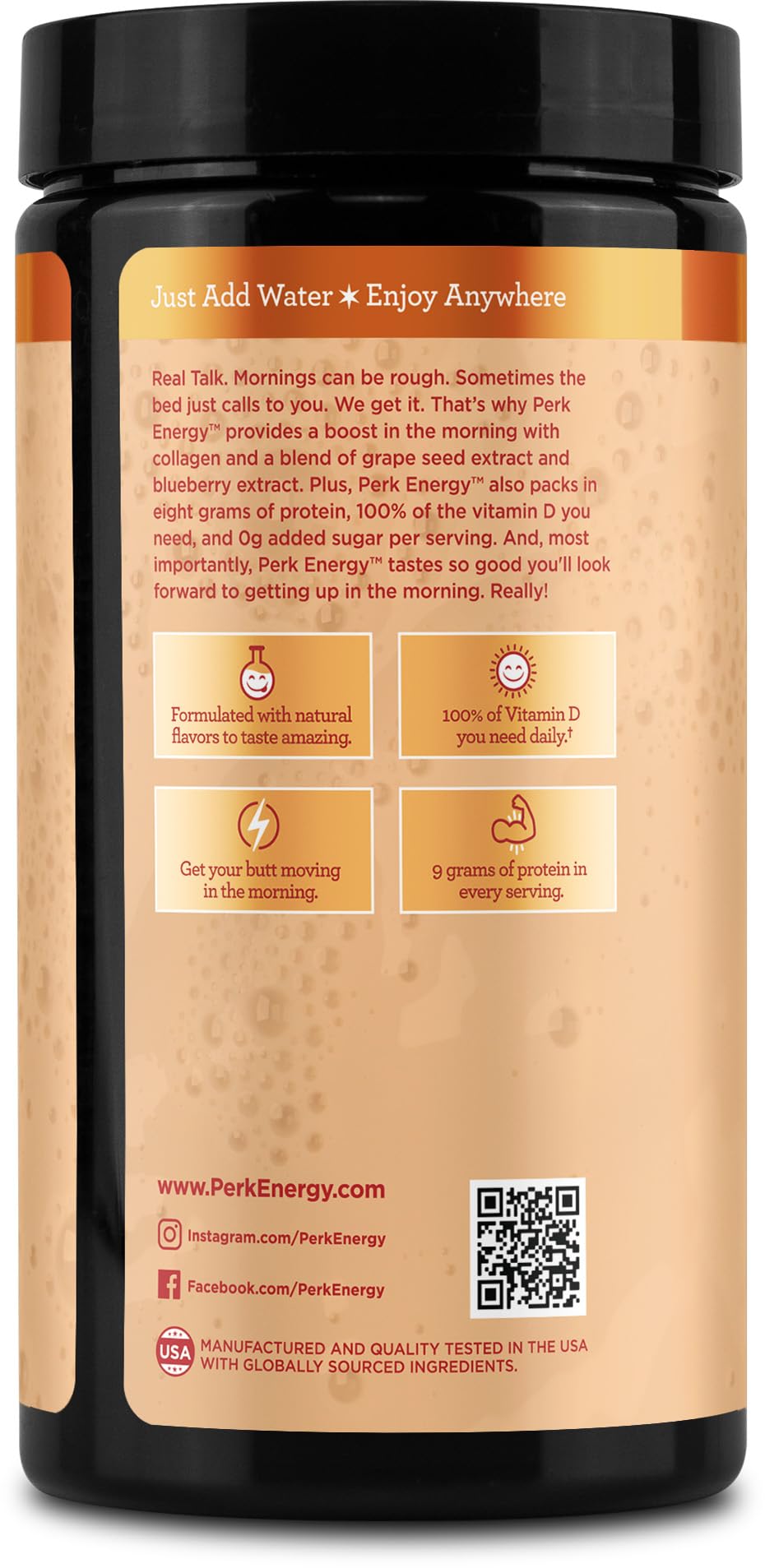 Perk Energy Vanilla Caramel Steamer protein boost on packaging.
