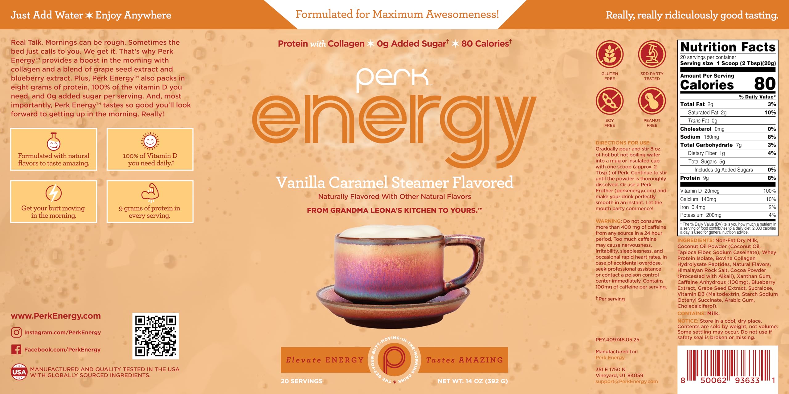 Perk Energy Vanilla Caramel Steamer ready-to-mix drink image.