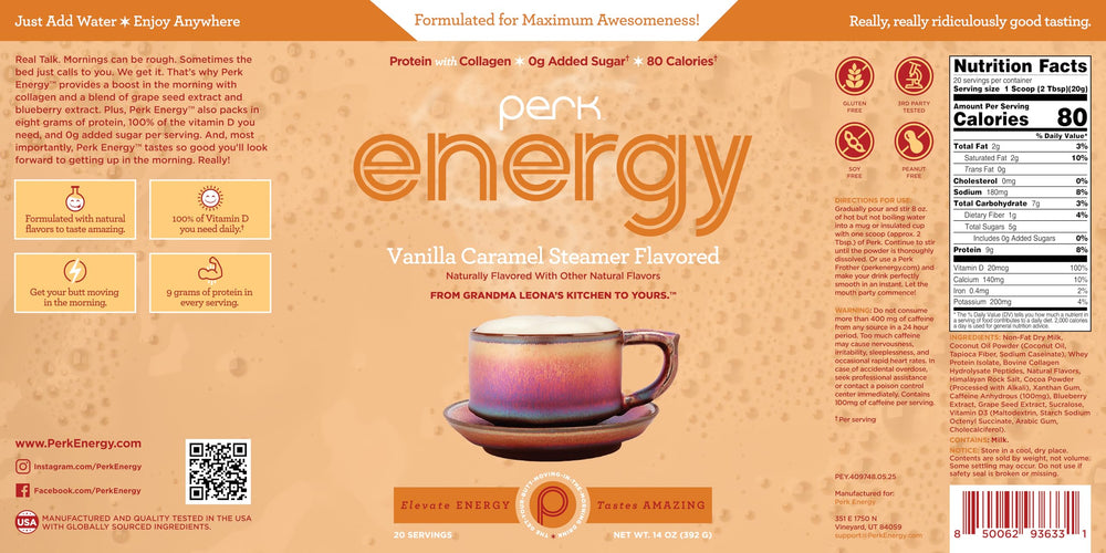 Perk Energy Vanilla Caramel Steamer ready-to-mix drink image.