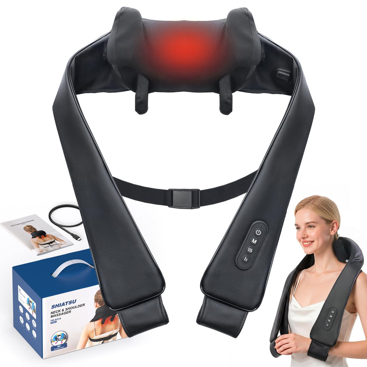 PERLEVI cordless neck massager with heat on couch for relaxation.