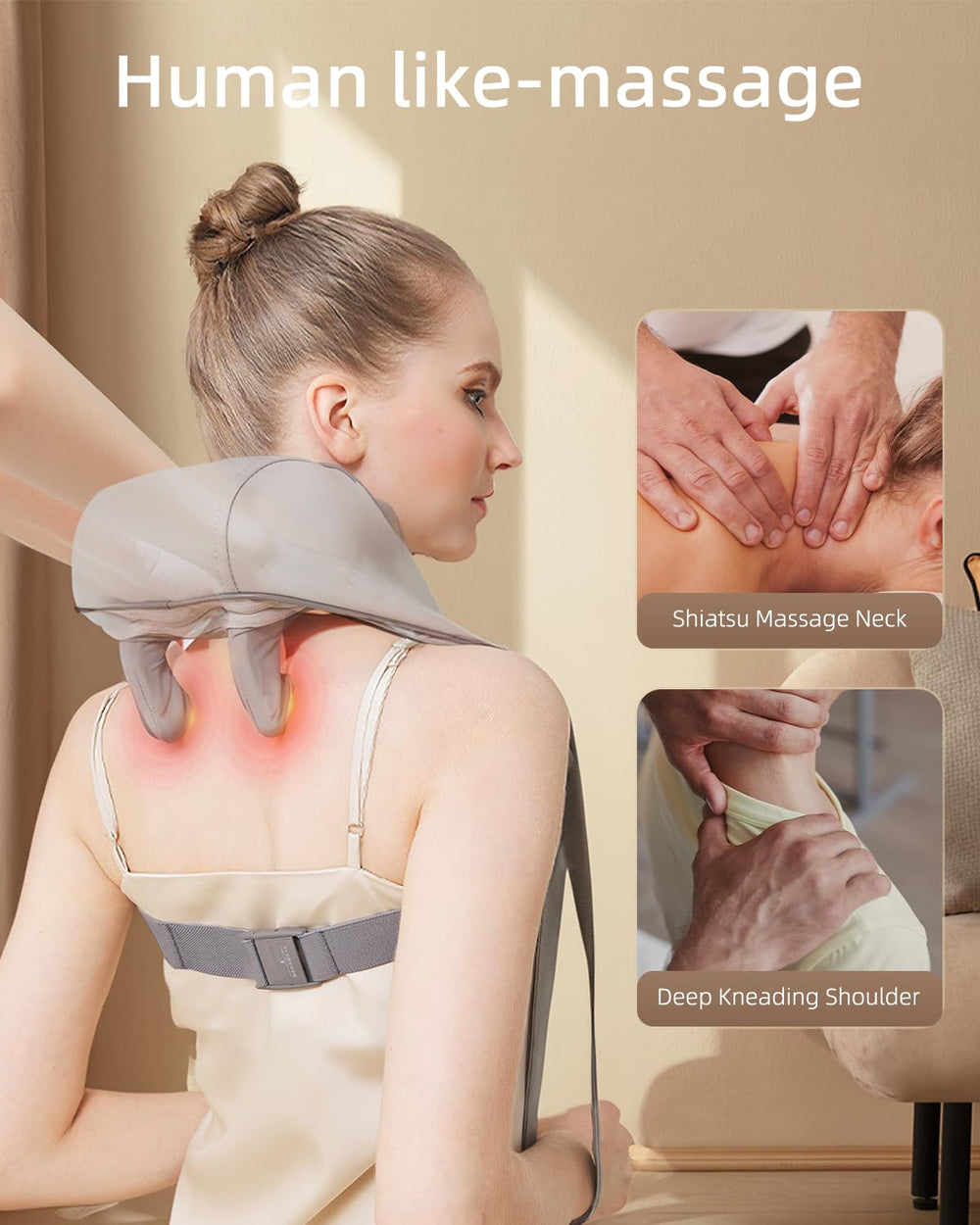 PERLEVI neck massager heat function provides deep warmth for muscles.