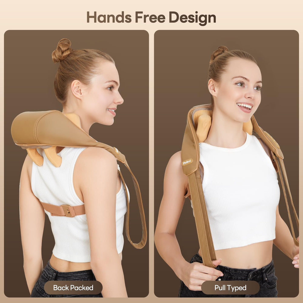 PERLEVI massager wraps around neck with adjustable straps for hands-free relaxation