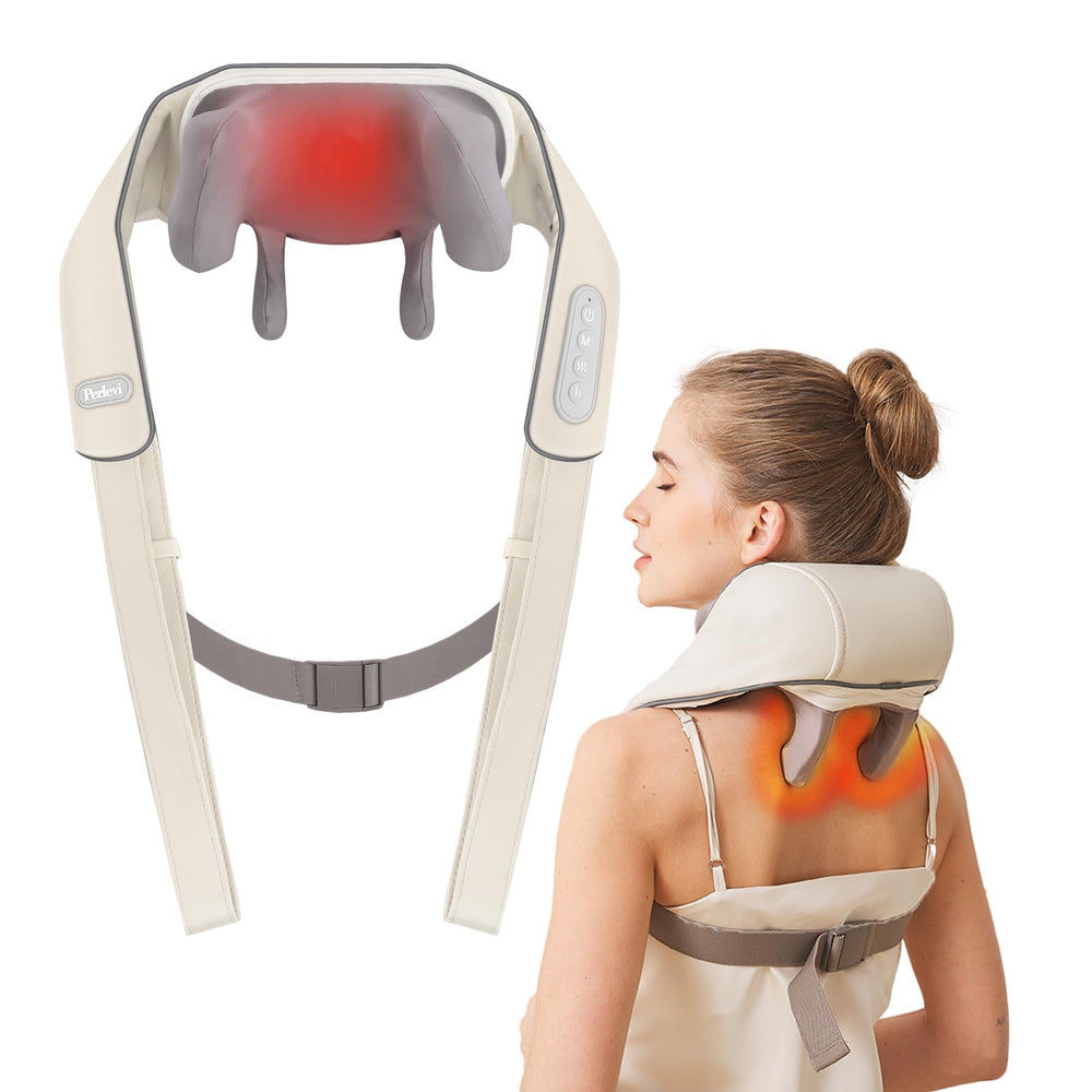 PERLEVI neck massager with heat function offering deep, soothing warmth for tired muscles
