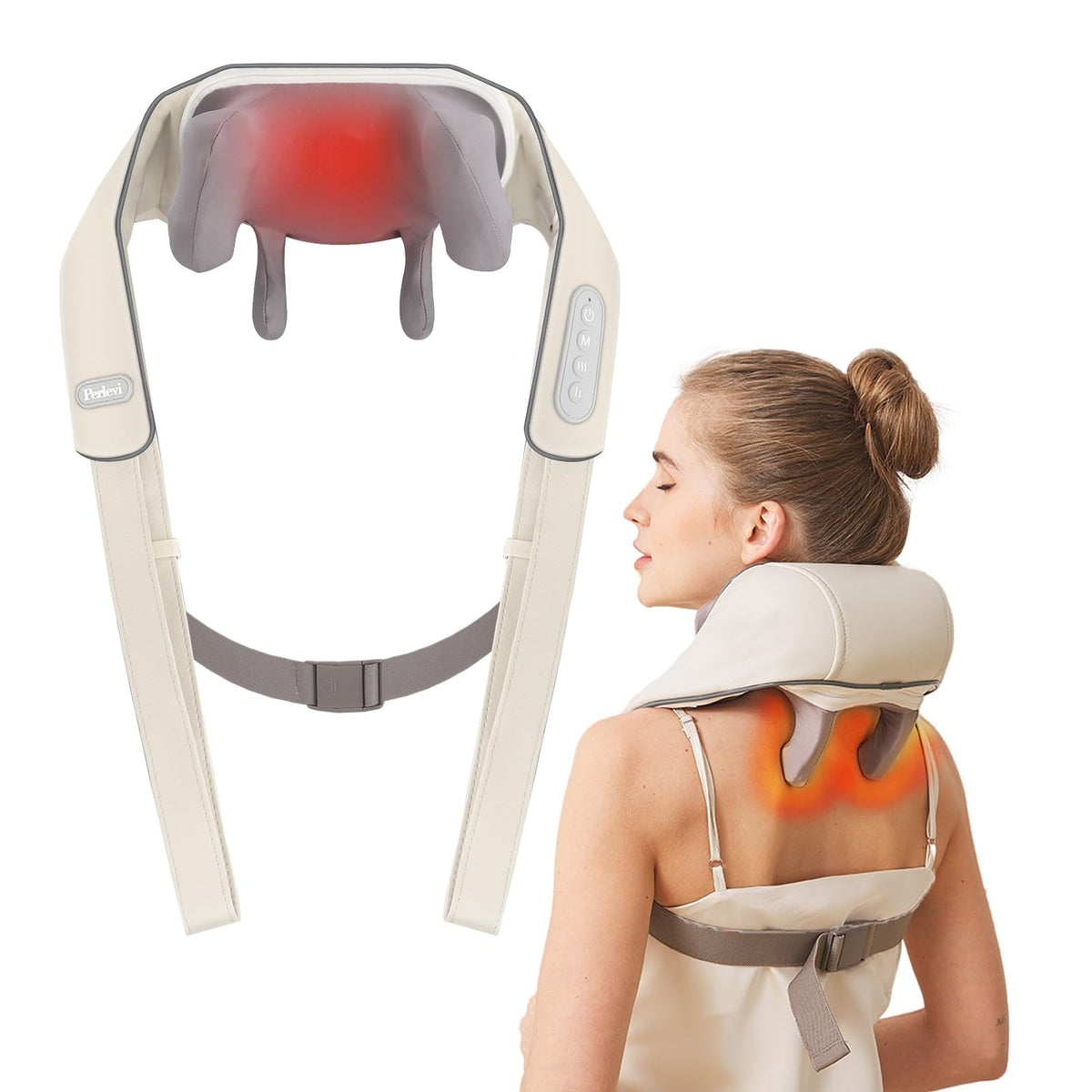 PERLEVI neck massager with heat function offering deep, soothing warmth for tired muscles