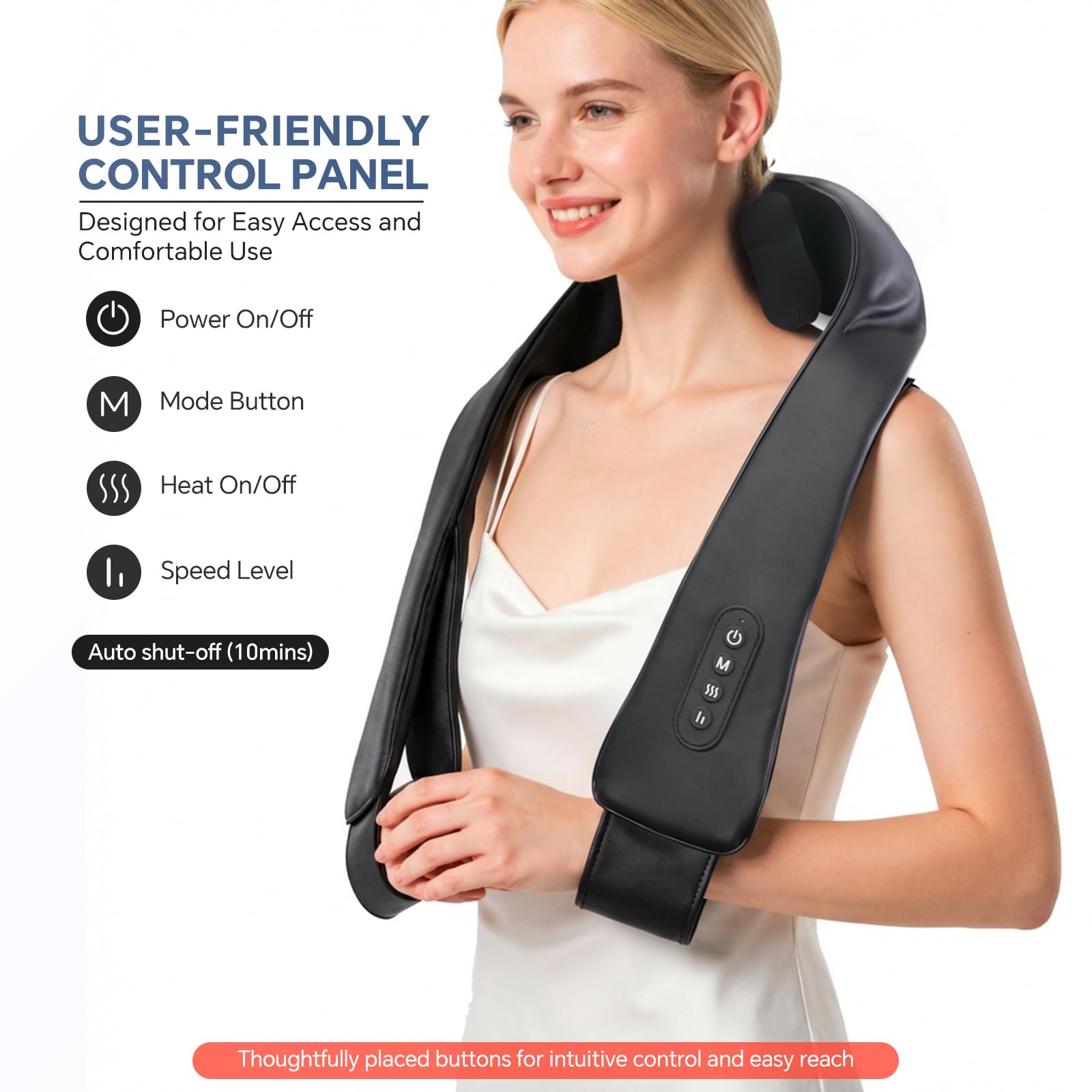 PERLEVI shiatsu kneading with heat targets neck tension for relief.