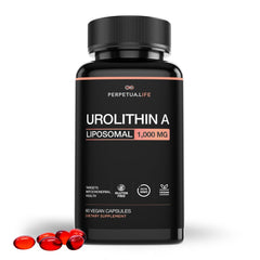 Perpetua Life Urolithin A Liposomal bottle with emphasis on enhanced absorption for daily vitality.