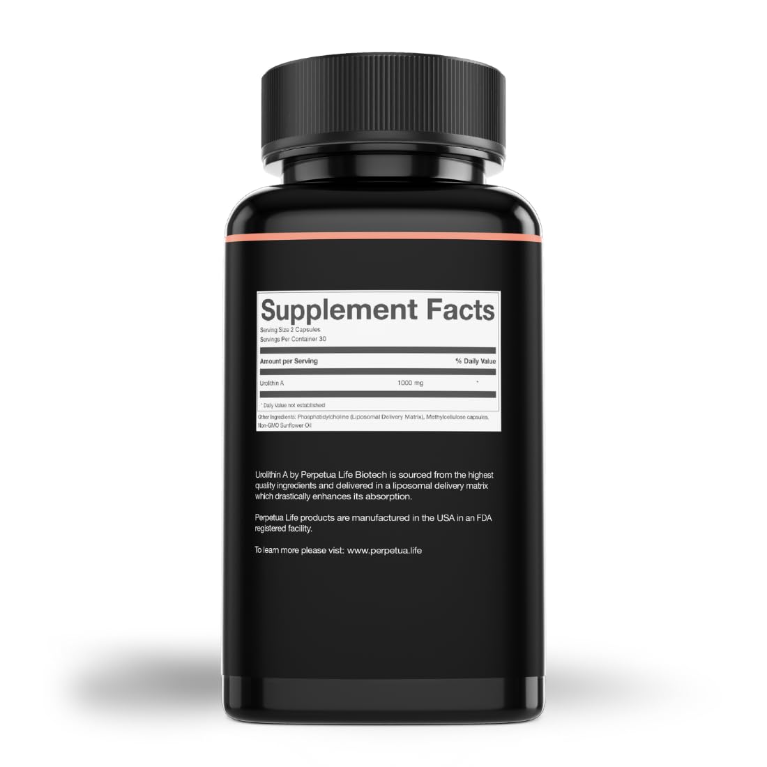 Perpetua Life Urolithin A Liposomal capsules ready to take for convenient daily supplementation.