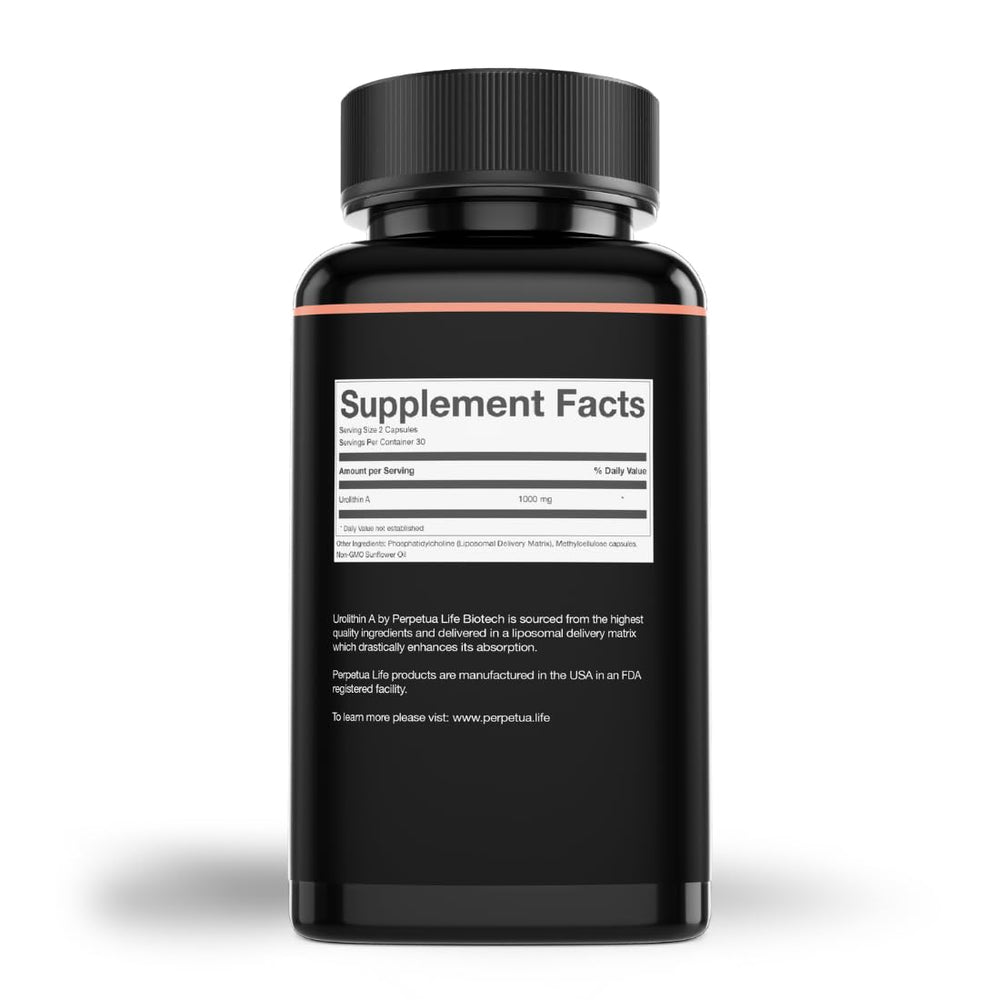 Perpetua Life Urolithin A Liposomal capsules ready to take for convenient daily supplementation.