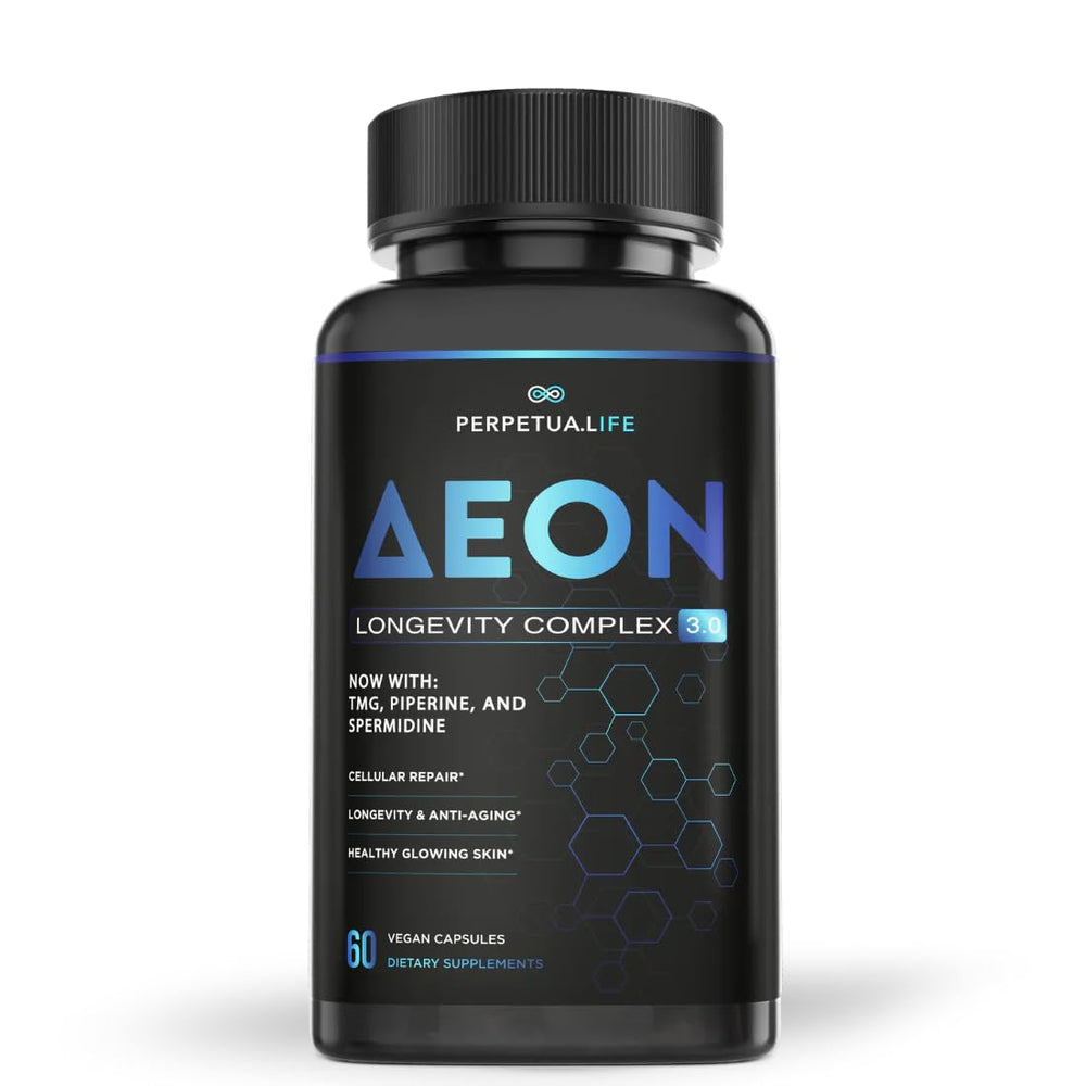 PERPETUA.LIFE AEON bottle front showing vegan longevity support for daily balance.
