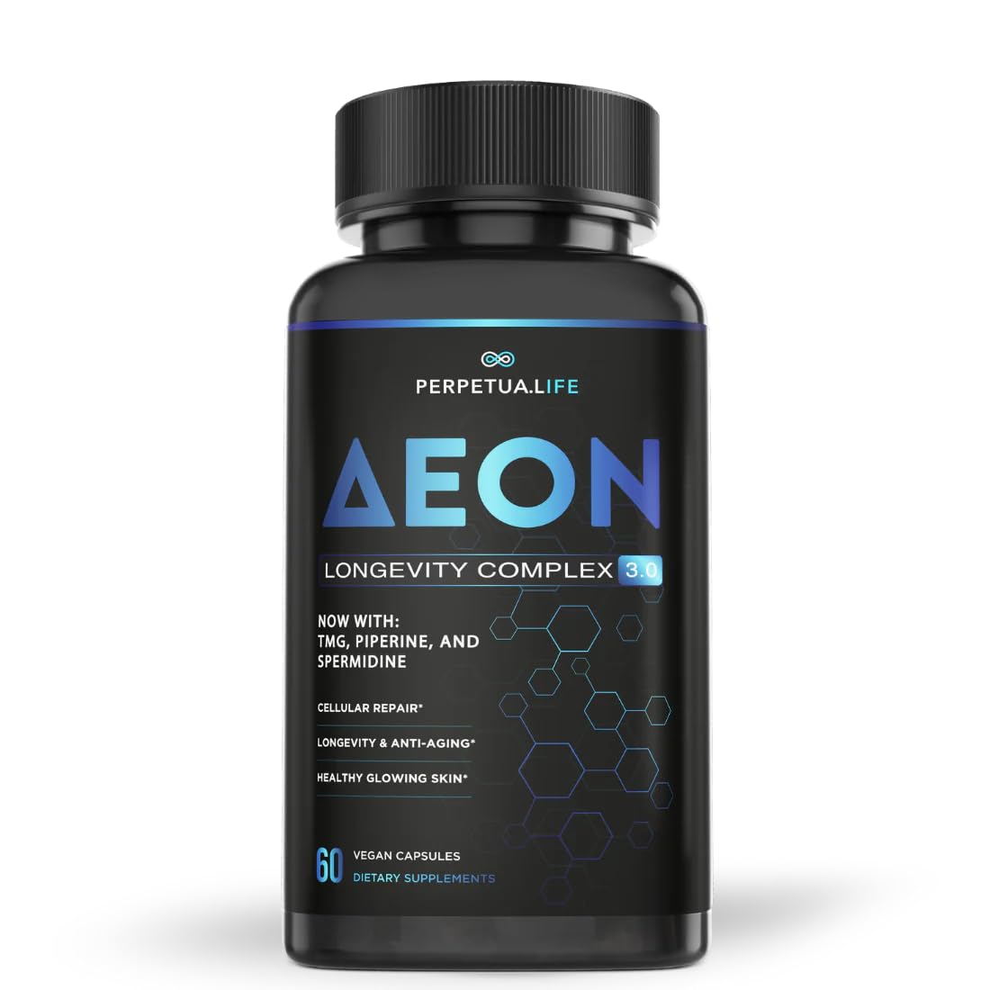 PERPETUA.LIFE AEON bottle front showing vegan longevity support for daily balance.