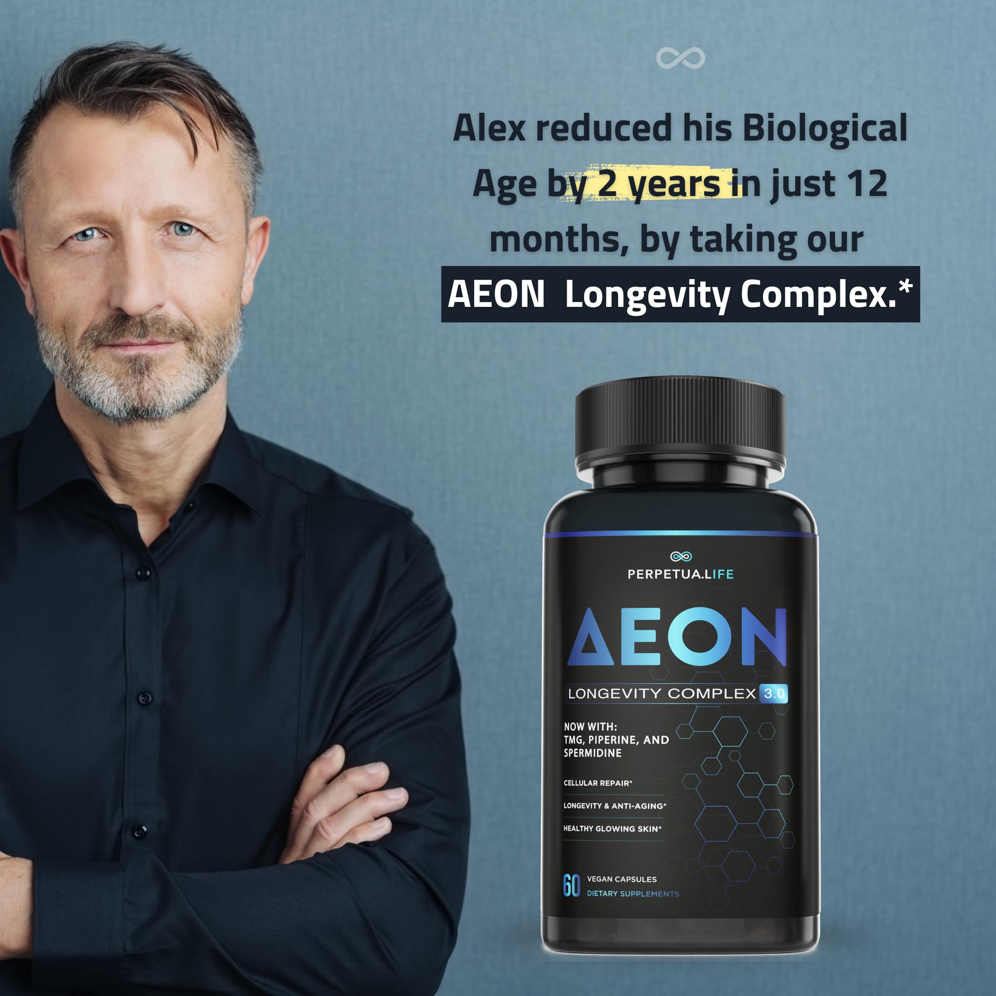 PERPETUA.LIFE AEON bottle on shelf conveys everyday routine integration.