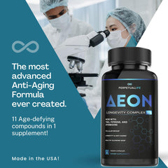 PERPETUA.LIFE AEON label closeup emphasizes 11-ingredient formula for balanced vitality.
