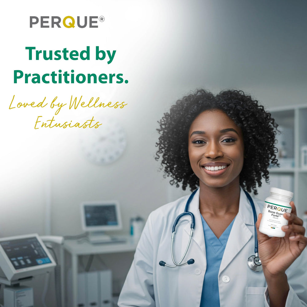 PERQUE Bone Guard Forte 20 bottle on kitchen counter suggests daily routine
