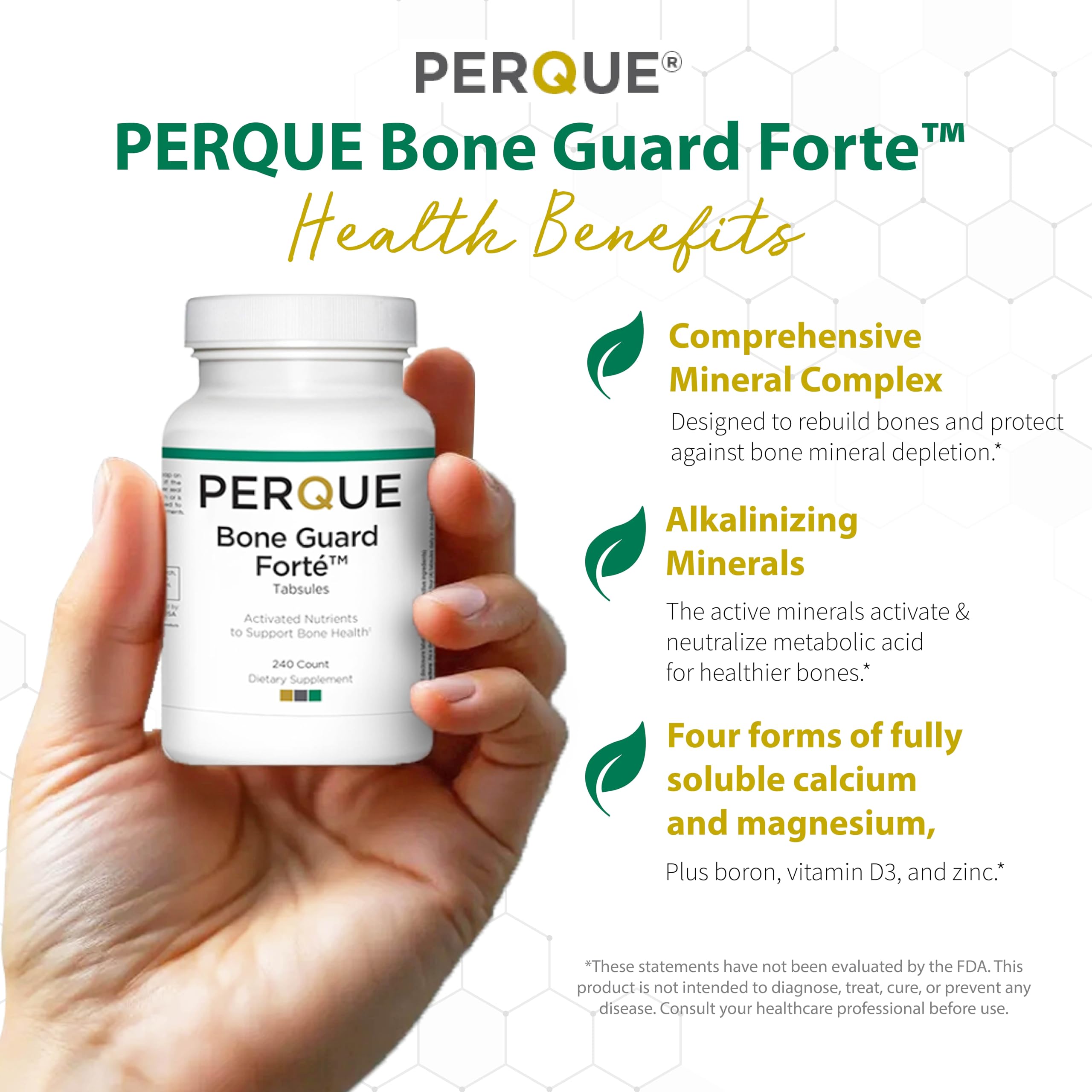 Pills spilling from PERQUE Bone Guard Forte 20 bottle for daily supplementation