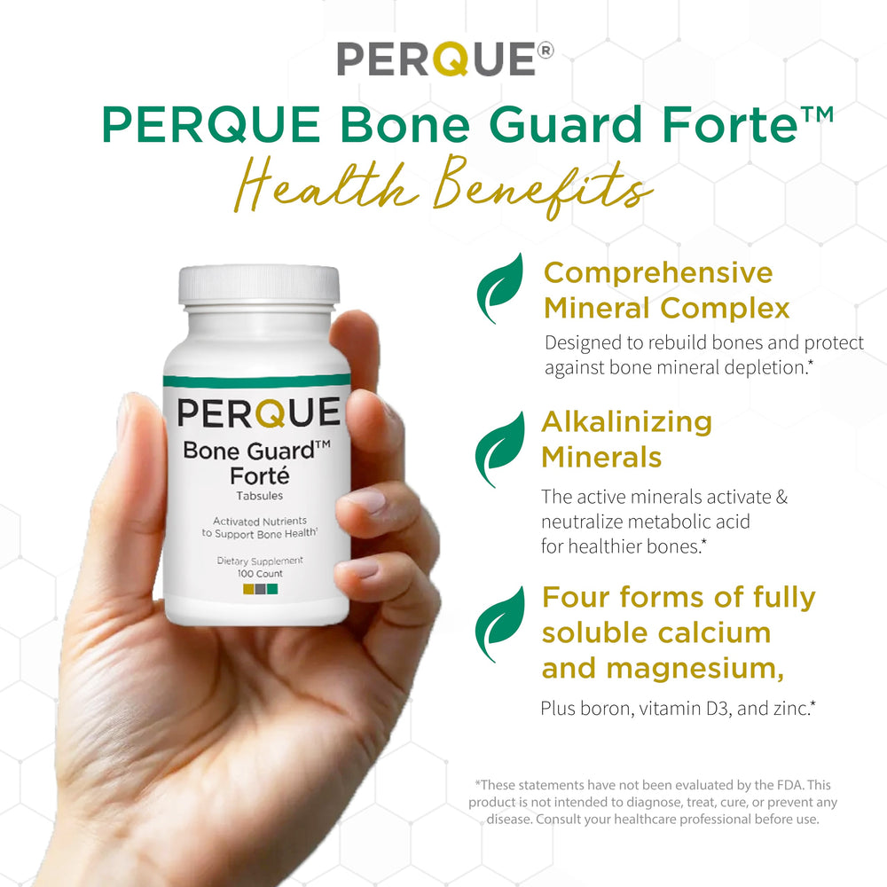PERQUE Bone Guard Forte label closeup highlights the 20-nutrient blend.