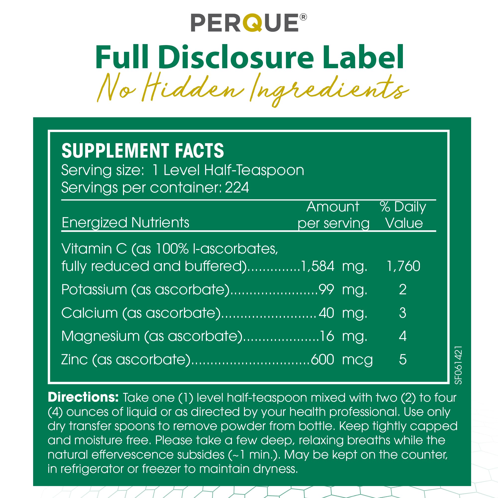 PERQUE bottle label close-up emphasizes allergen-free, non-GMO ingredients.