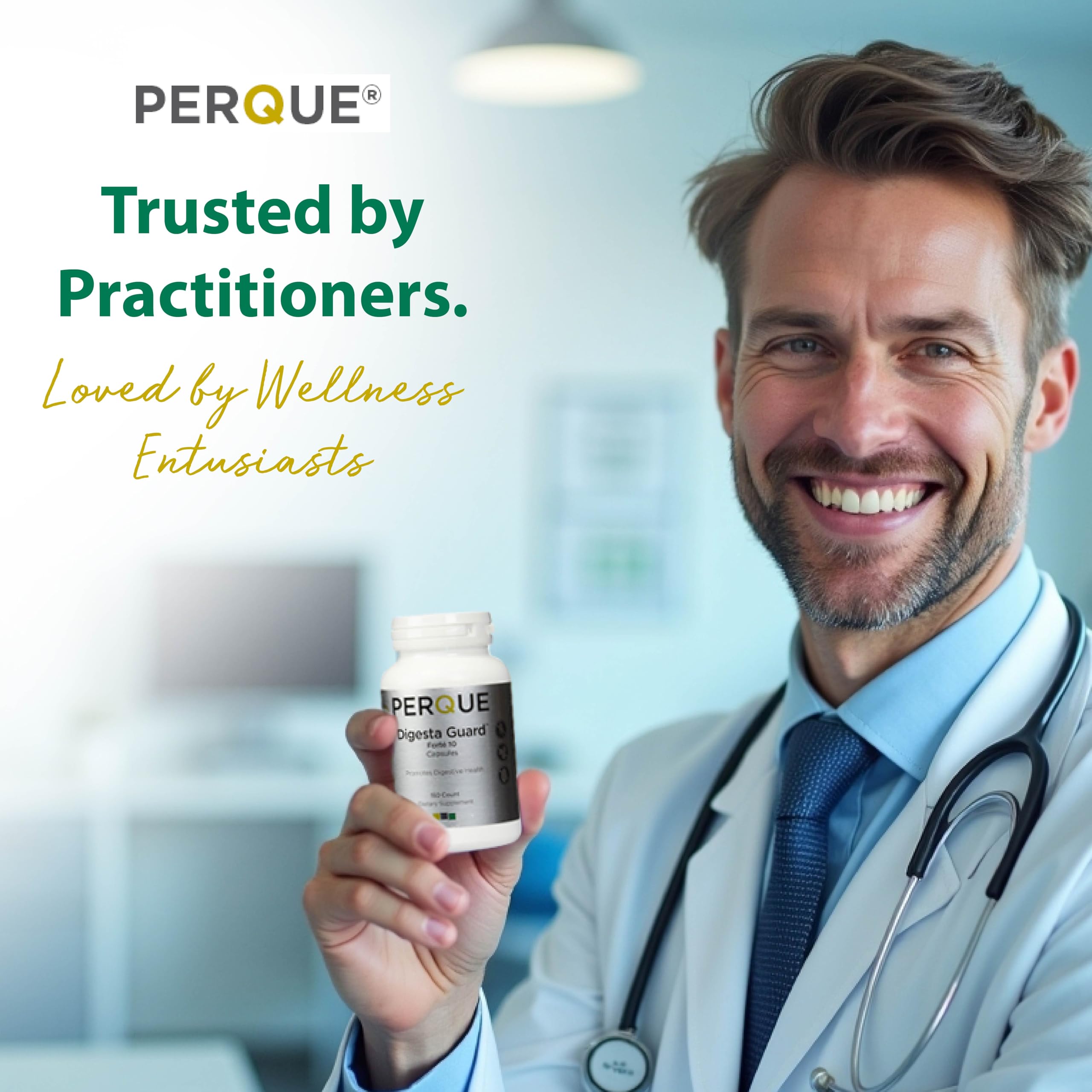 PERQUE Digesta Guard Forte capsules close-up showing diverse probiotic blend