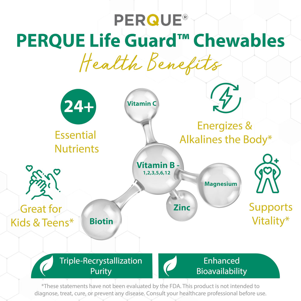 PERQUE Life Guard chewables bottle back-label highlighting corn-free, soy-free, sugar-free choices.