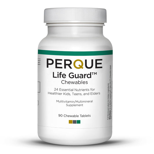 PERQUE Life Guard chewables bottle front view, corn-free, soy-free, sugar-free formula for daily use.