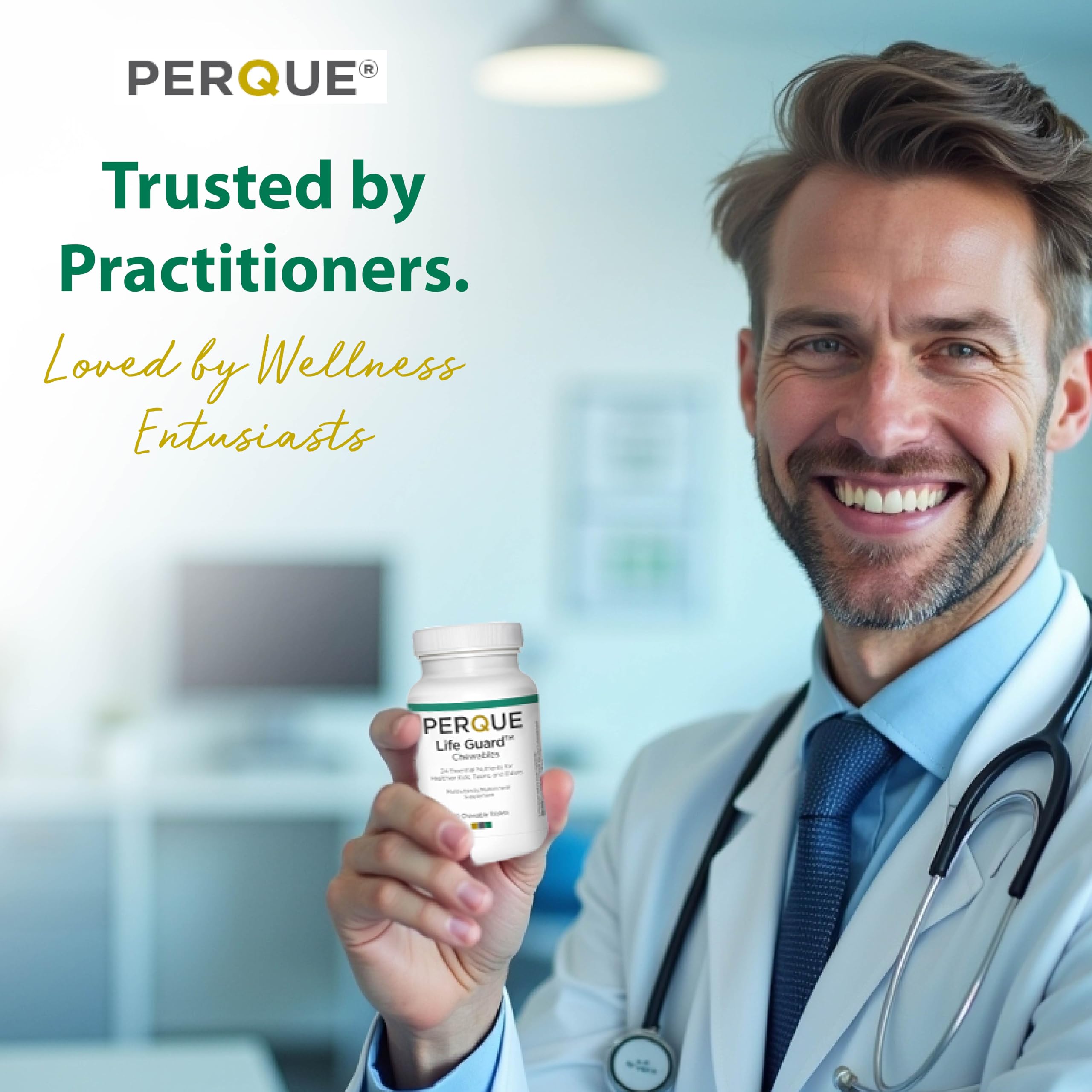 PERQUE Life Guard chewables bottle open cap showing convenient dispensing.