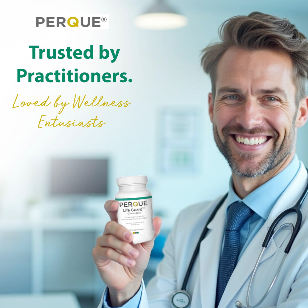PERQUE Life Guard chewables bottle open cap showing convenient dispensing.