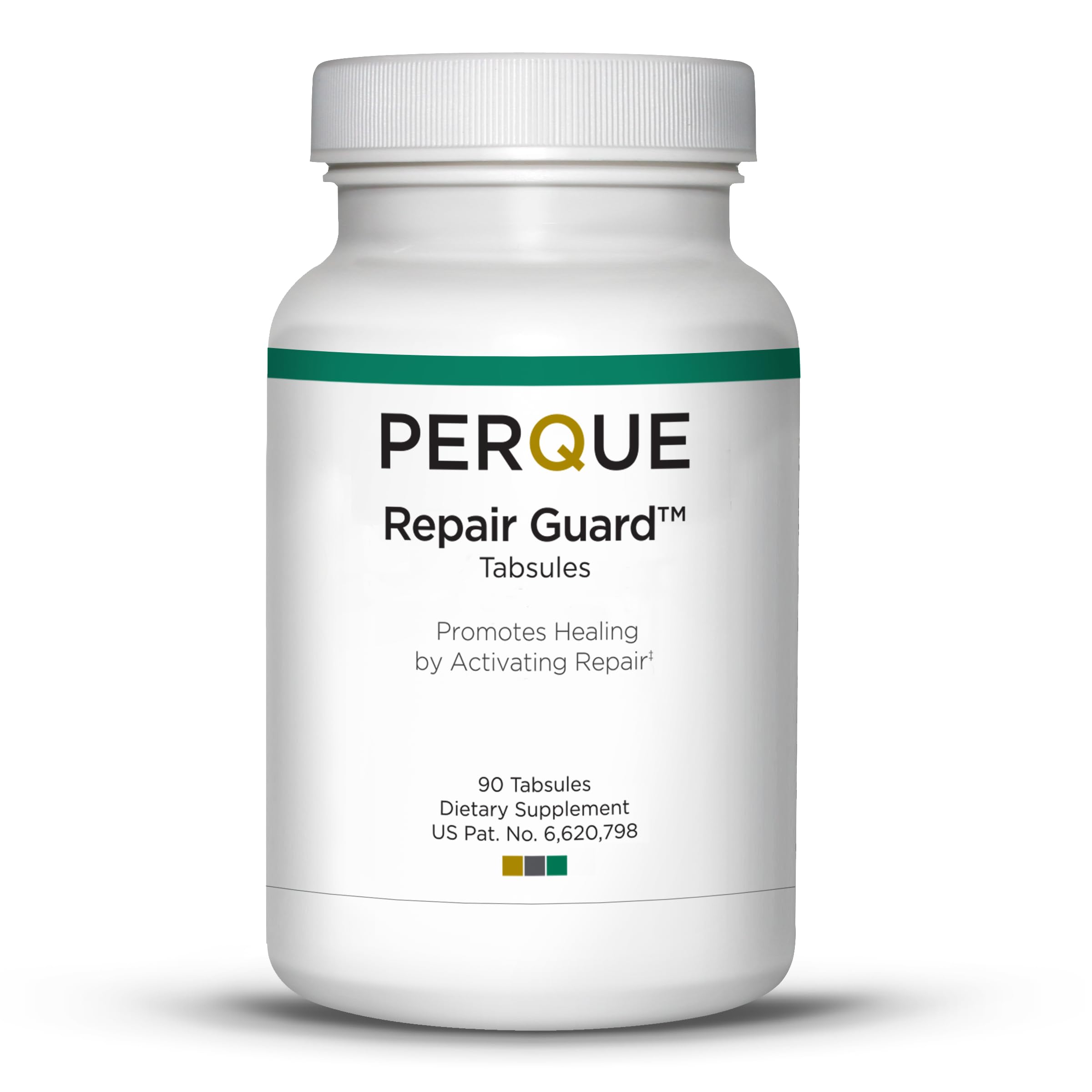 Perque Repair Guard bottle close-up shows easy-to-swallow tabs for daily support.
