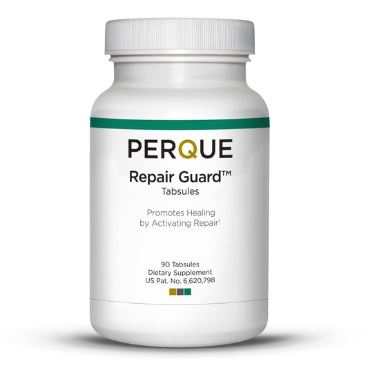 Perque Repair Guard bottle close-up shows easy-to-swallow tabs for daily support.