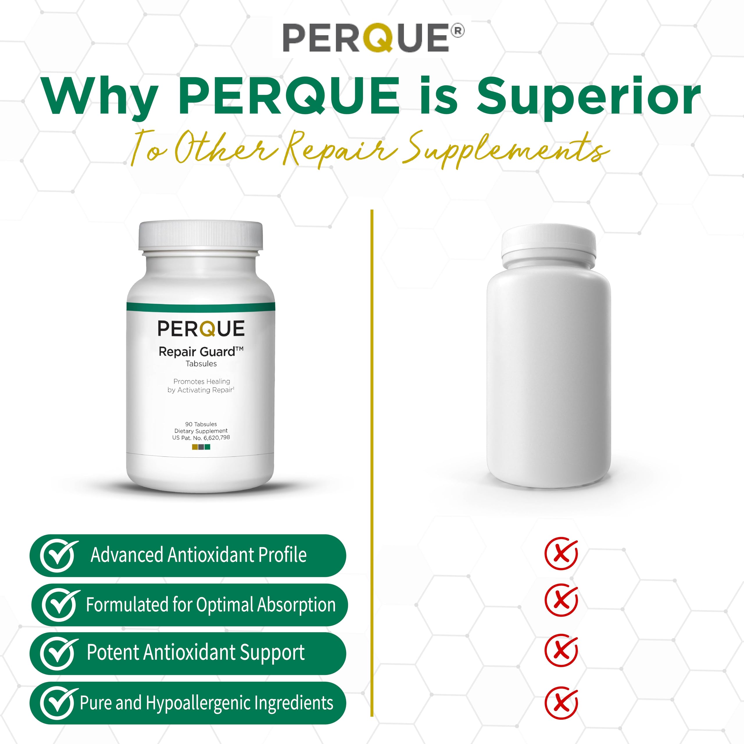 Perque Repair Guard capsules inside bottle emphasize cofactors and vitamins.