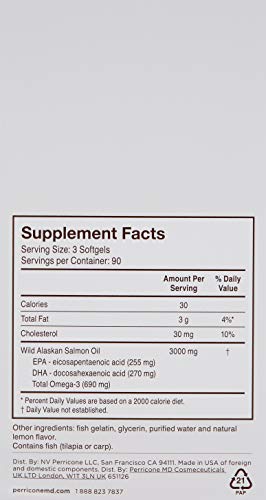 Perricone MD Omega-3 glass bottle on a clean white surface.