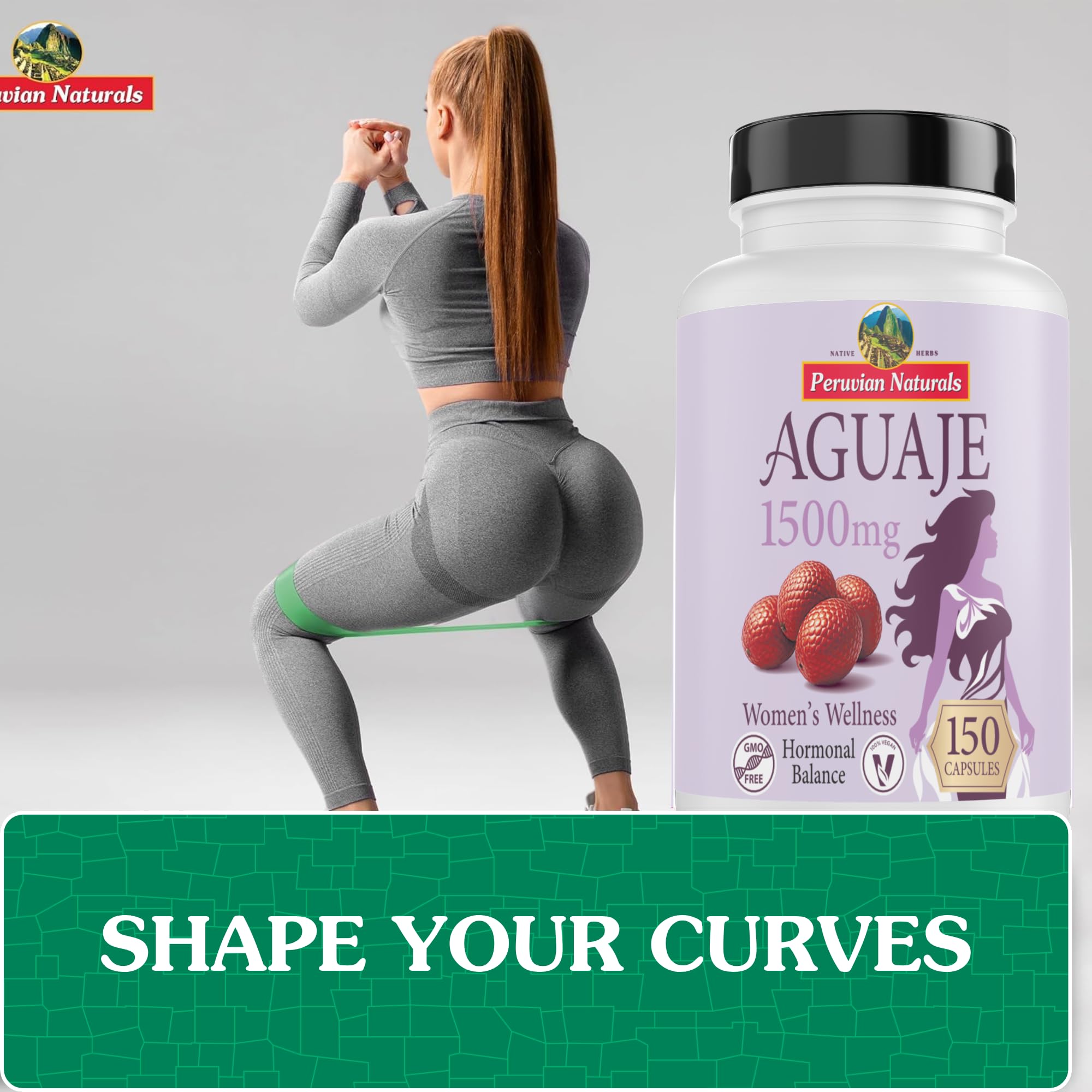 Peruvian Naturals Aguaje capsules bottle label highlights vegan, non-GMO formula.