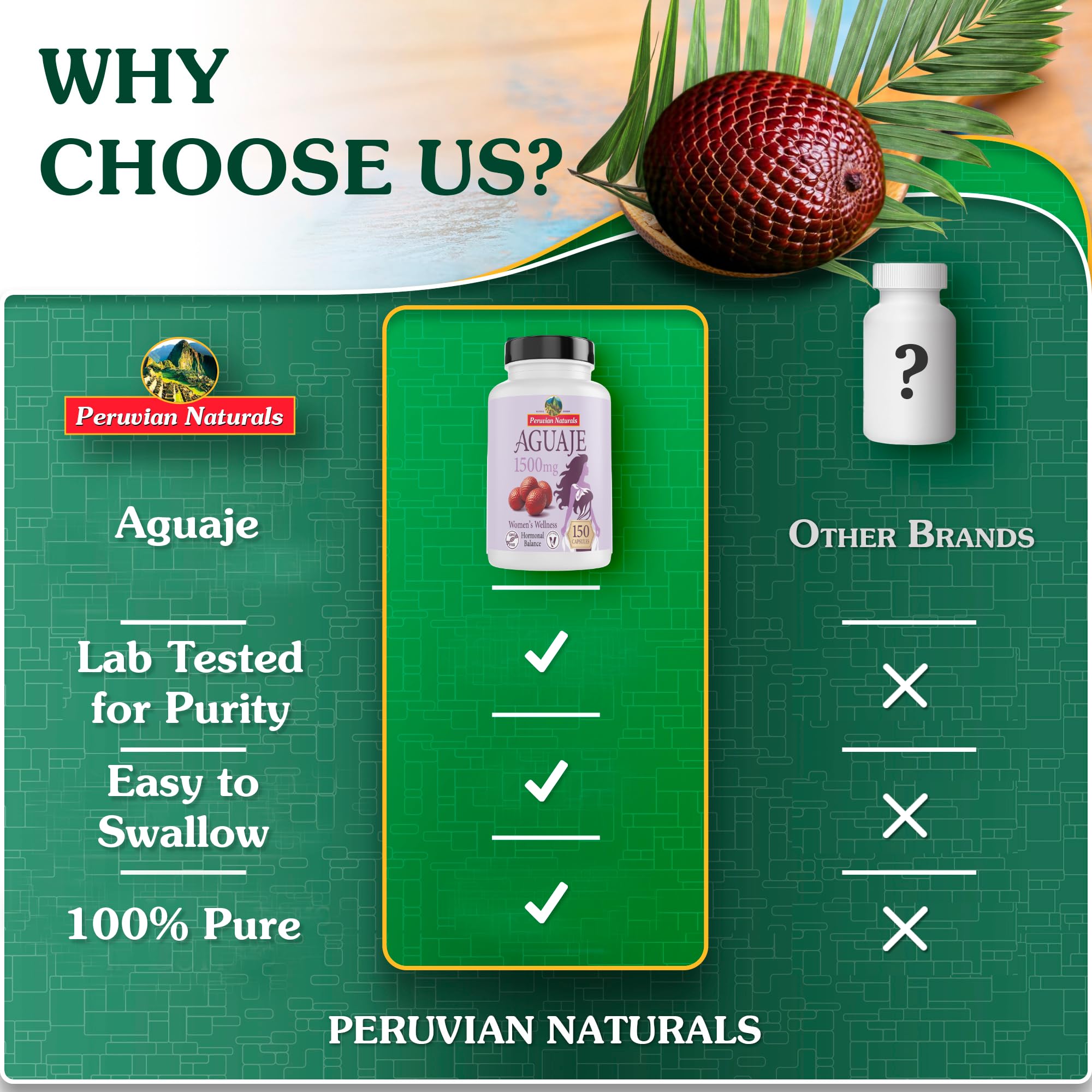 Peruvian Naturals Aguaje capsules on hand to illustrate daily use.