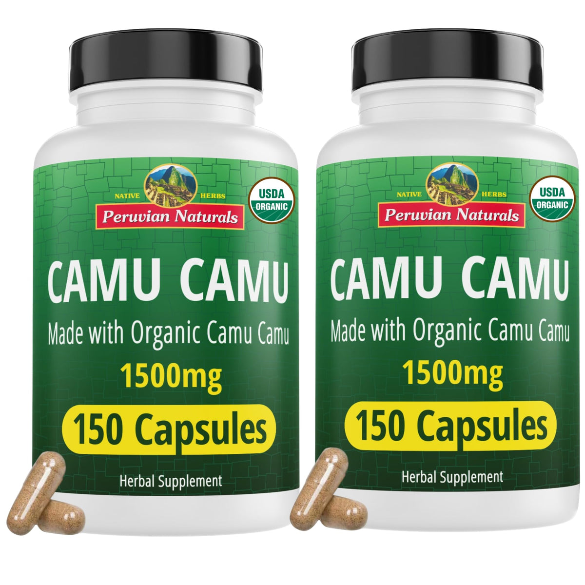 Peruvian Naturals Camu Camu capsules bottle for convenient vegan vitamin C support.
