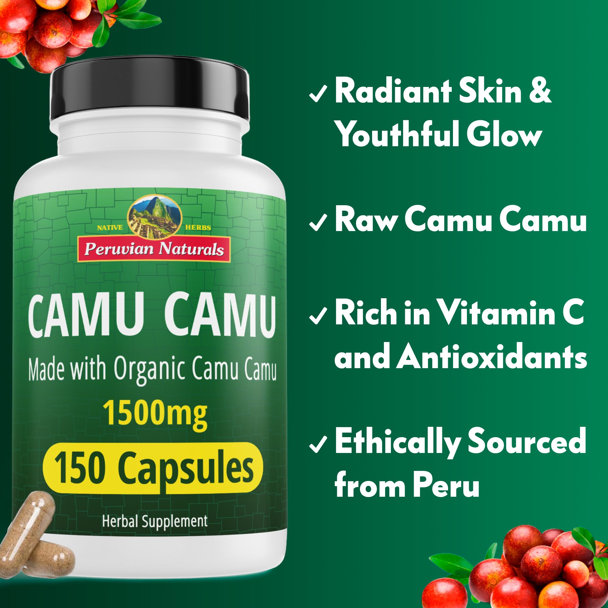 Label close-up showing organic, sustainably sourced Camu Camu ingredients.