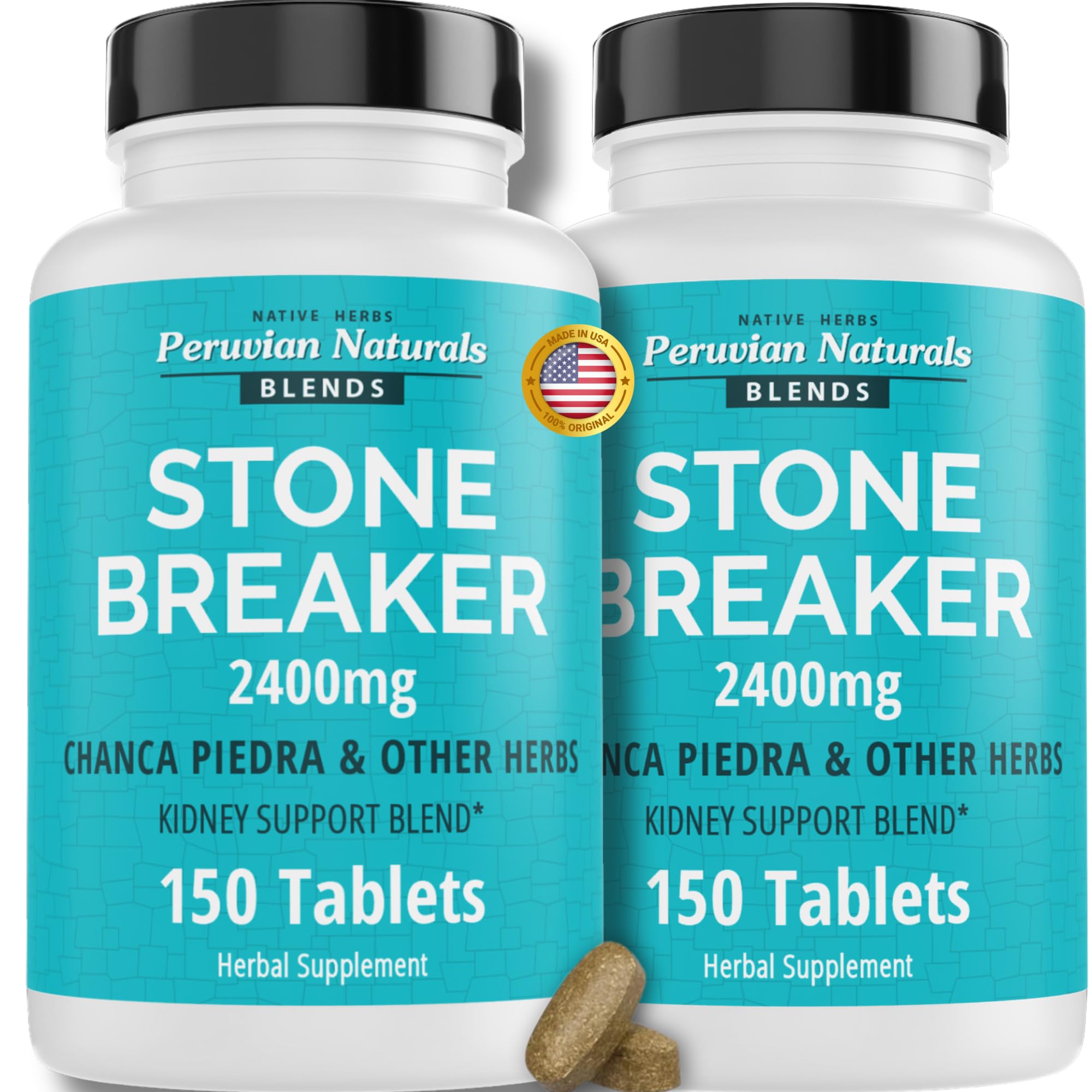 Peruvian Naturals Chanca Piedra bottle shows 2400 mg daily dose for kidney support