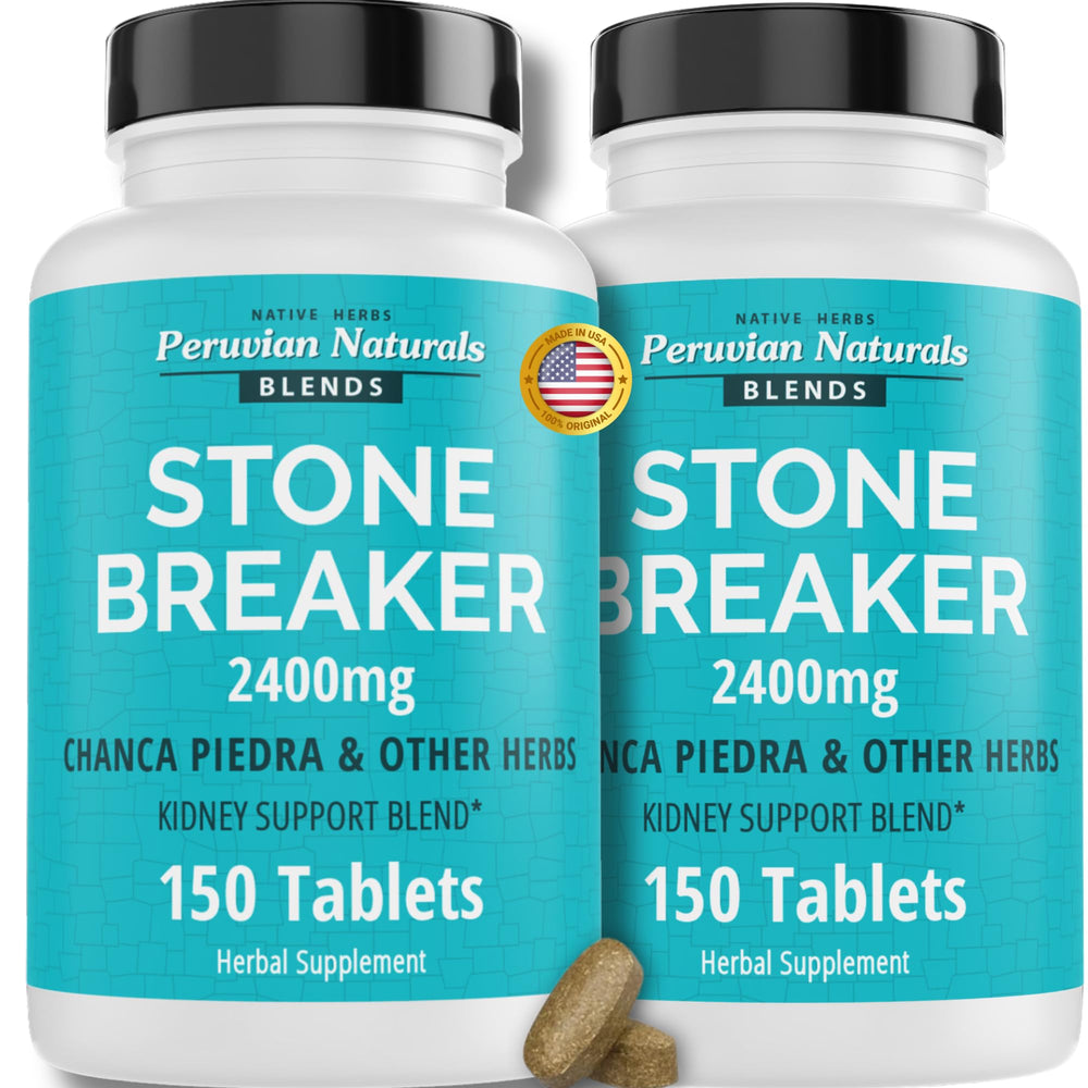 Peruvian Naturals Chanca Piedra bottle shows 2400 mg daily dose for kidney support